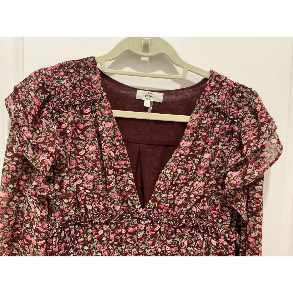 Entro Top Large Burgundy Long Sleeve Floral Print Ruffle Rouching - Picture 2 of 9